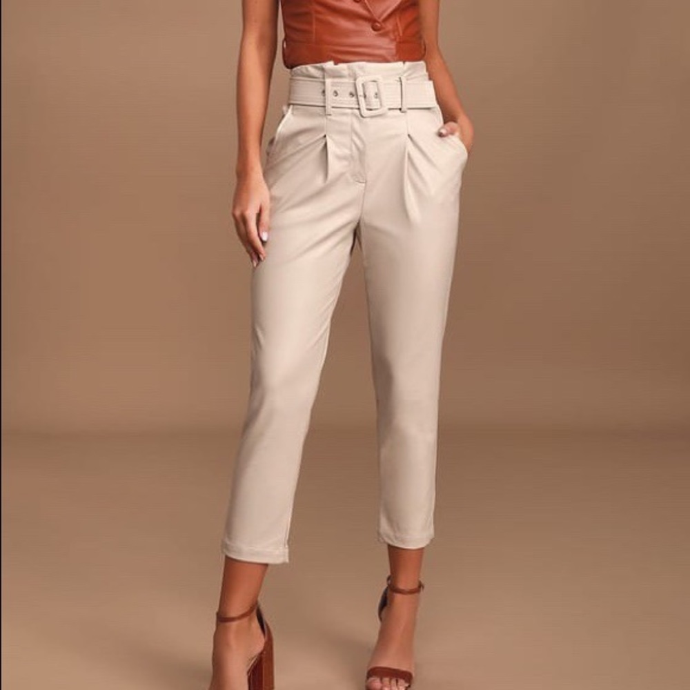 Drop the Beat Ecru Vegan Leather Belted Pants
